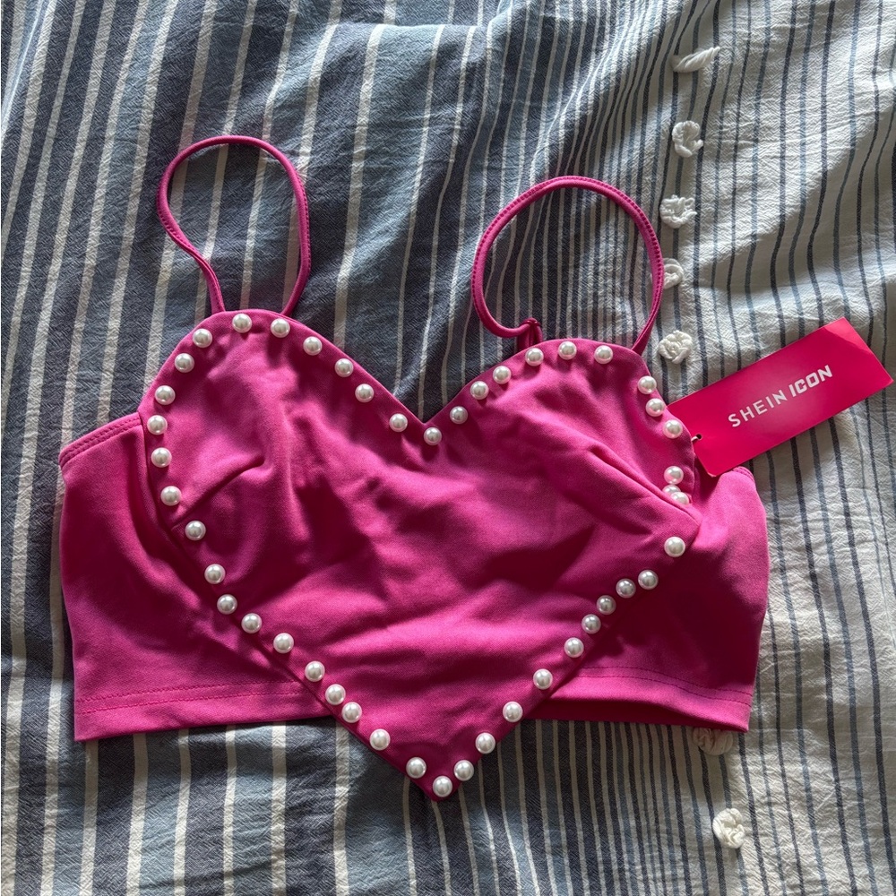 SHEIN Pink Pearl Heart Crop Top
